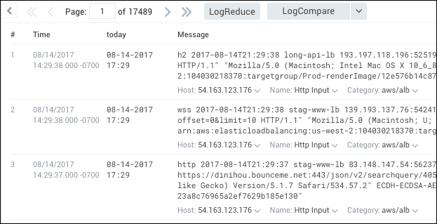 A screenshot of a Sumo Logic log query results table with columns for time, today, and message. The timestamps are in the format &#39;MM/DD/YYYY HH:MM.SSS -0700&#39;.