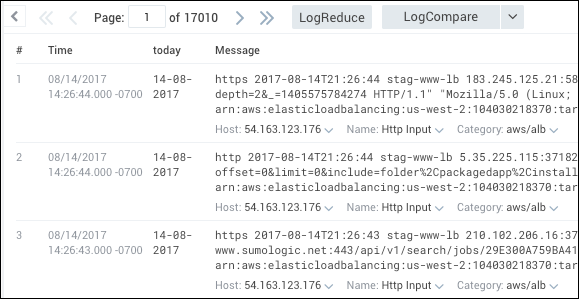 A screenshot of a Sumo Logic log query results table with columns for time, today, and message. The timestamps are in the format &#39;dd-MM-yyyy HH.SSS -0700&#39;.