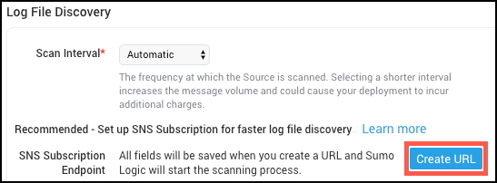 Log File Discovery settings with Create URL button highlighted.