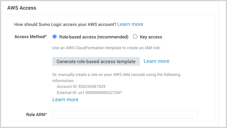 AWS Access configuration form in Sumo Logic showing options for &#39;Role-based access&#39; and &#39;Key access&#39;, with &#39;Role-based access&#39; selected and fields for Account ID, External ID, and Role ARN.