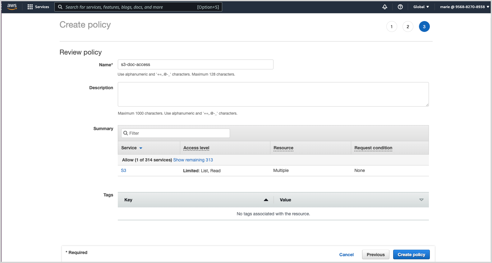 AWS IAM &#39;Create policy&#39; interface showing a summary of the policy named &#39;s3-doc-access&#39;, with allowed actions on S3 service.