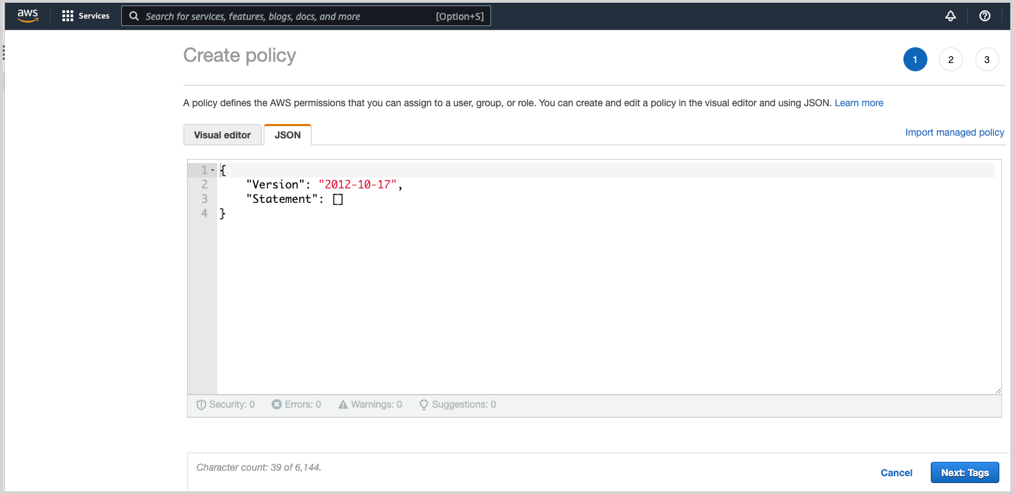 AWS IAM &#39;Create policy&#39; interface using JSON editor to define policy with fields for version and statement.