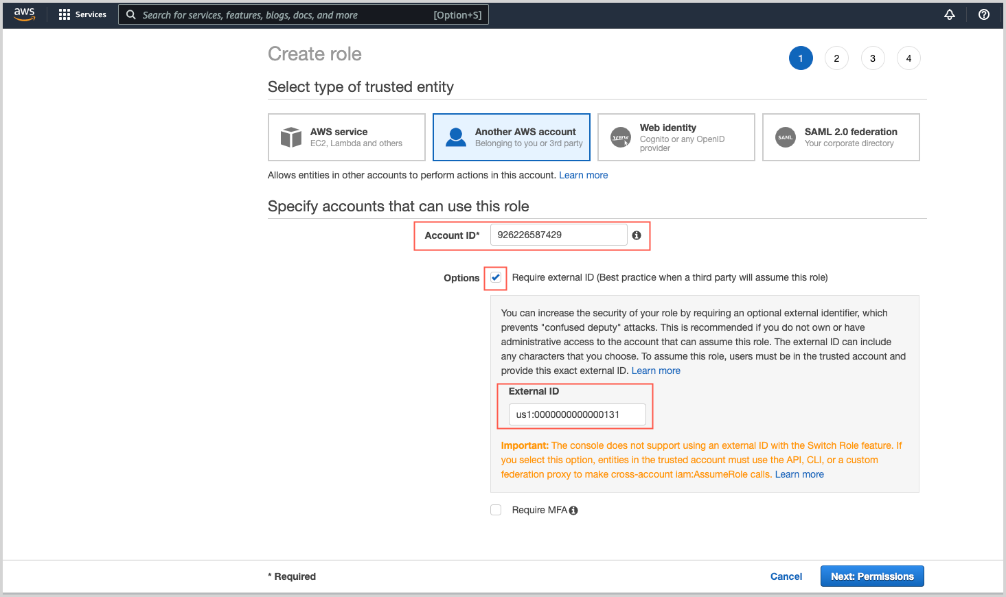 AWS IAM &#39;Create role&#39; interface specifying trusted entities and accounts, highlighting fields for Account ID and External ID.