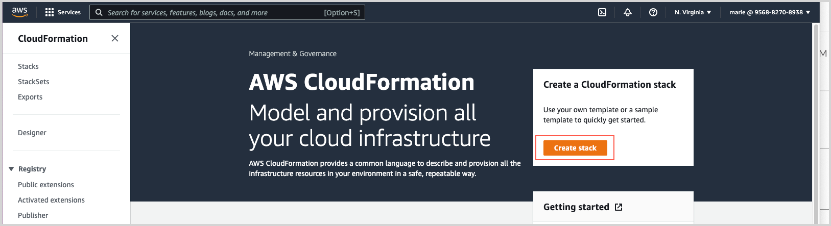 AWS CloudFormation interface with options like Stacks, StackSets, Exports, Designer, and Registry, and a highlighted &#39;Create stack&#39; button.