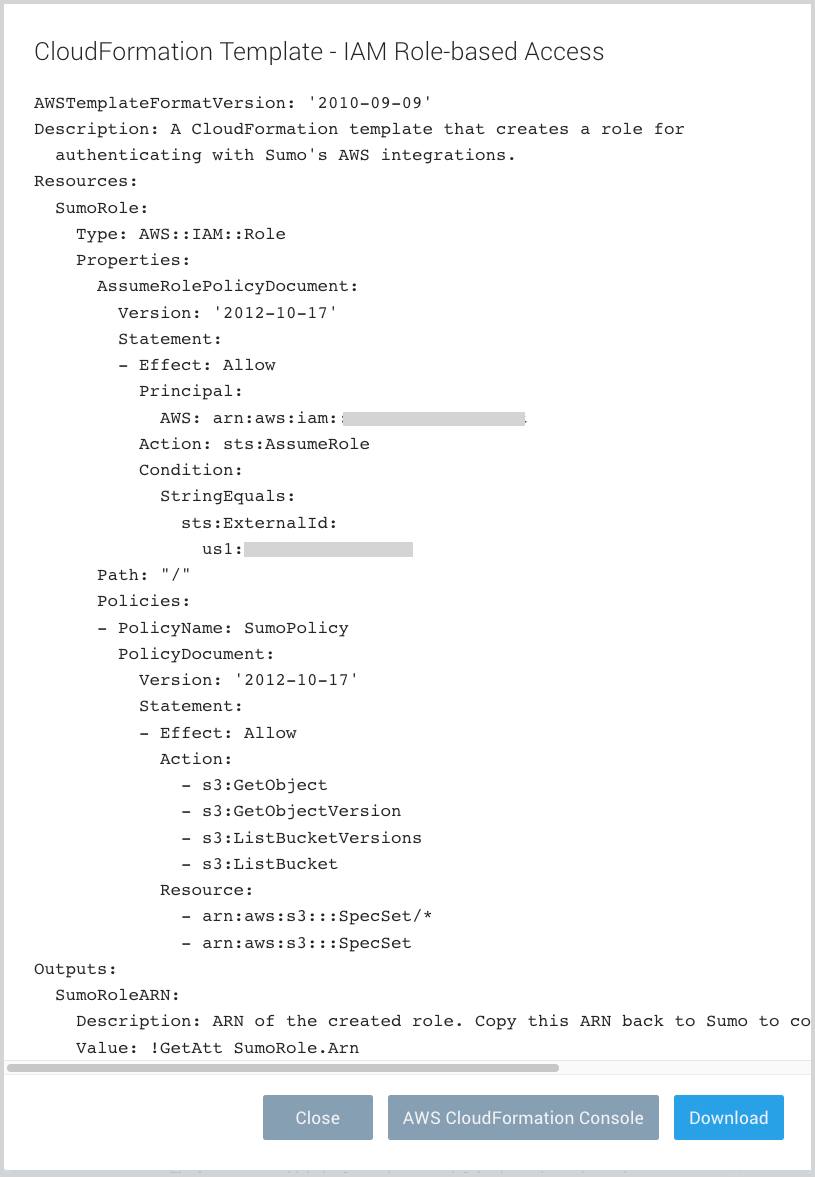 CloudFormation template for IAM role-based access in Sumo Logic, detailing AWS Template Format Version, Description, Resources, SumoRole properties, AssumeRolePolicyDocument, policies such as SumoPolicy, and Outputs.