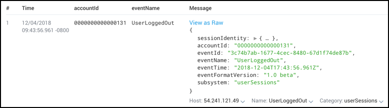 Screenshot of a Sumo Logic search result showing a table with multiple extracted JSON fields, such as accountId and eventName, displayed in the results