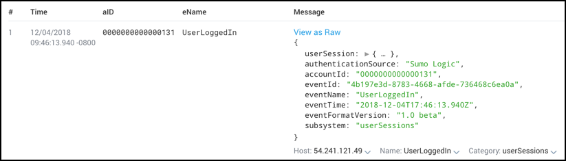 Screenshot of a Sumo Logic search result demonstrating the renaming of JSON keys where accountId is shown as aID and eventName as eName