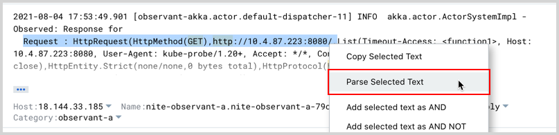 Screenshot of a log entry in Sumo Logic, showing a request with the details &#39;HttpRequest(HttpMethod(GET), http://10.4.87.223:8080/...&#39; followed by a context menu with options including &#39;Copy Selected Text,&#39; &#39;Parse Selected Text&#39; (highlighted), and additional filtering options.