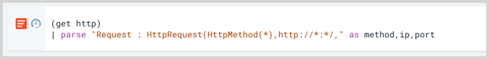 Screenshot of a query parsing the log entry with the command: parse &quot;Request : HttpRequest(HttpMethod(),http://:*,&quot; as method,ip,port.