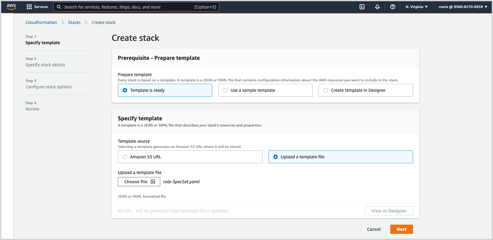 AWS CloudFormation &#39;Create stack&#39; interface showing steps to specify template, including options to prepare and specify the template with upload options.