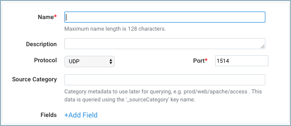 A screenshot of a Sumo Logic configuration form with fields for Name (required), Description, Protocol (UDP selected), Port (required, 1514), Source Category, and an option to +Add Field.&quot;
