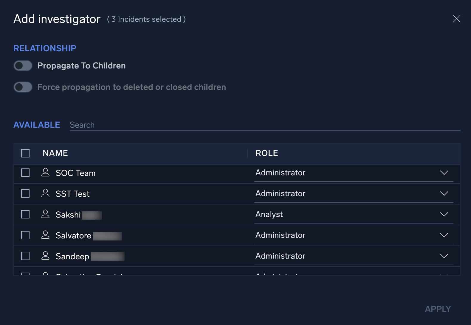 Add Investigator dialog