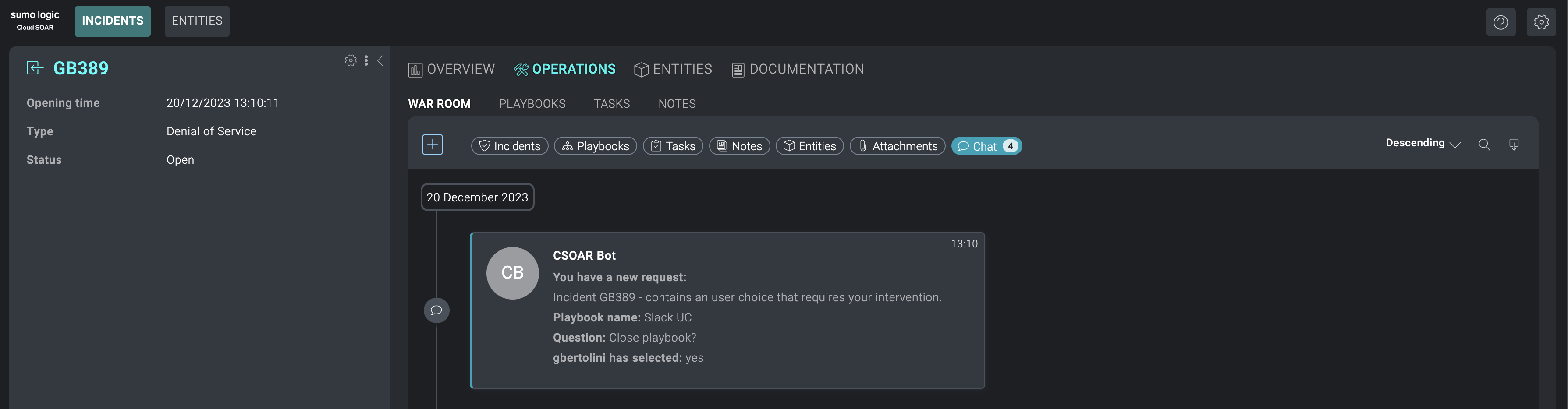 Slack message in the war room