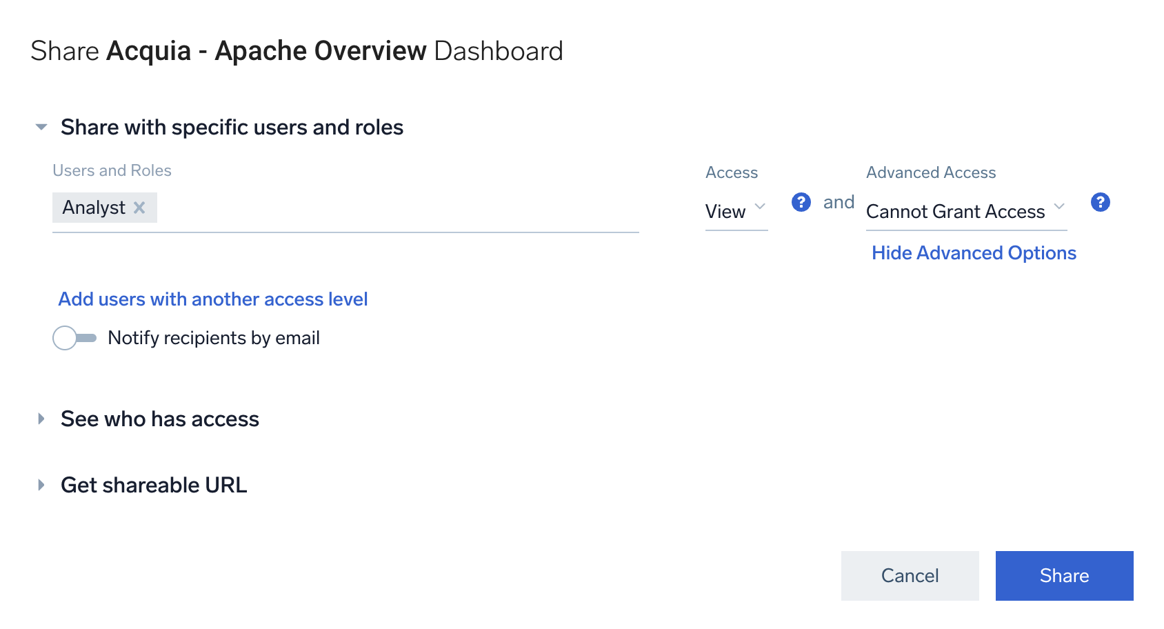 Analyst role selected in Share dialog