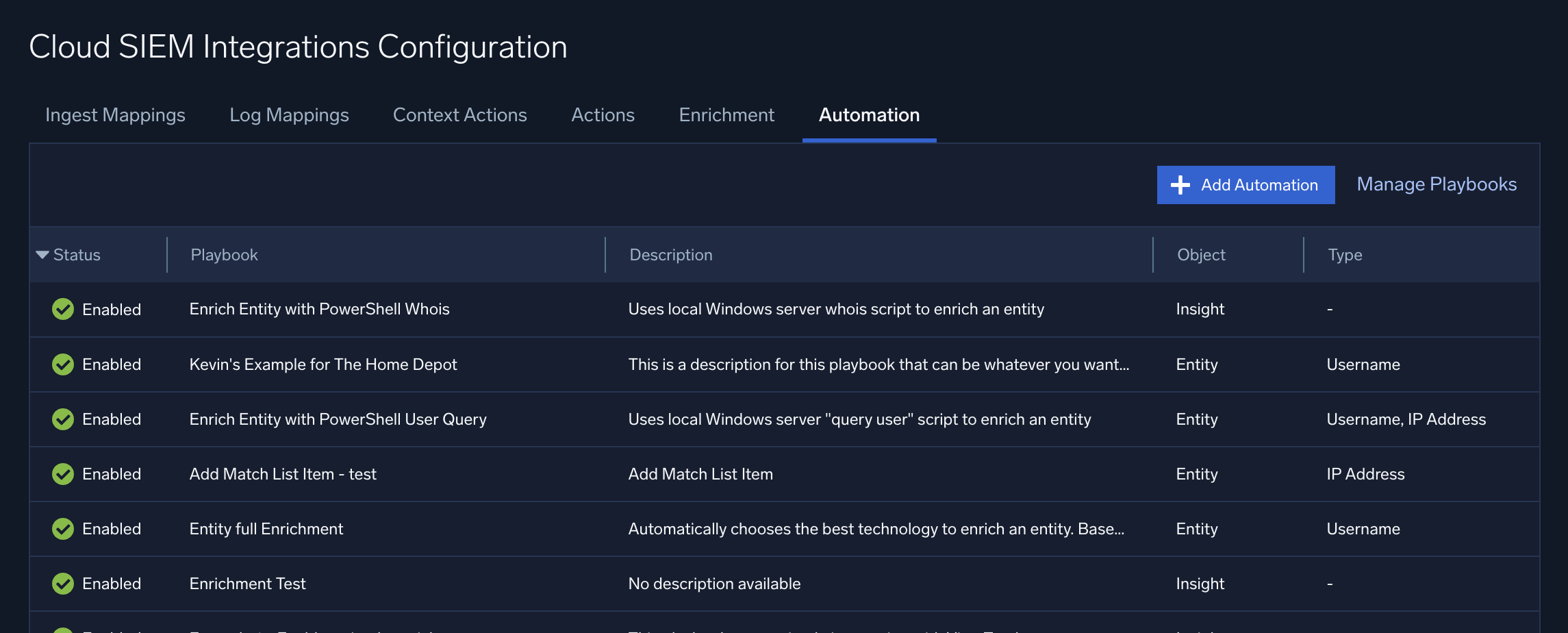 Automations list