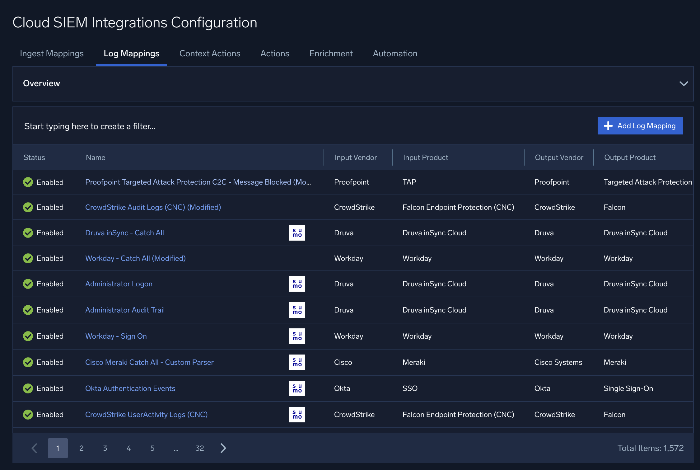 Log mappings page