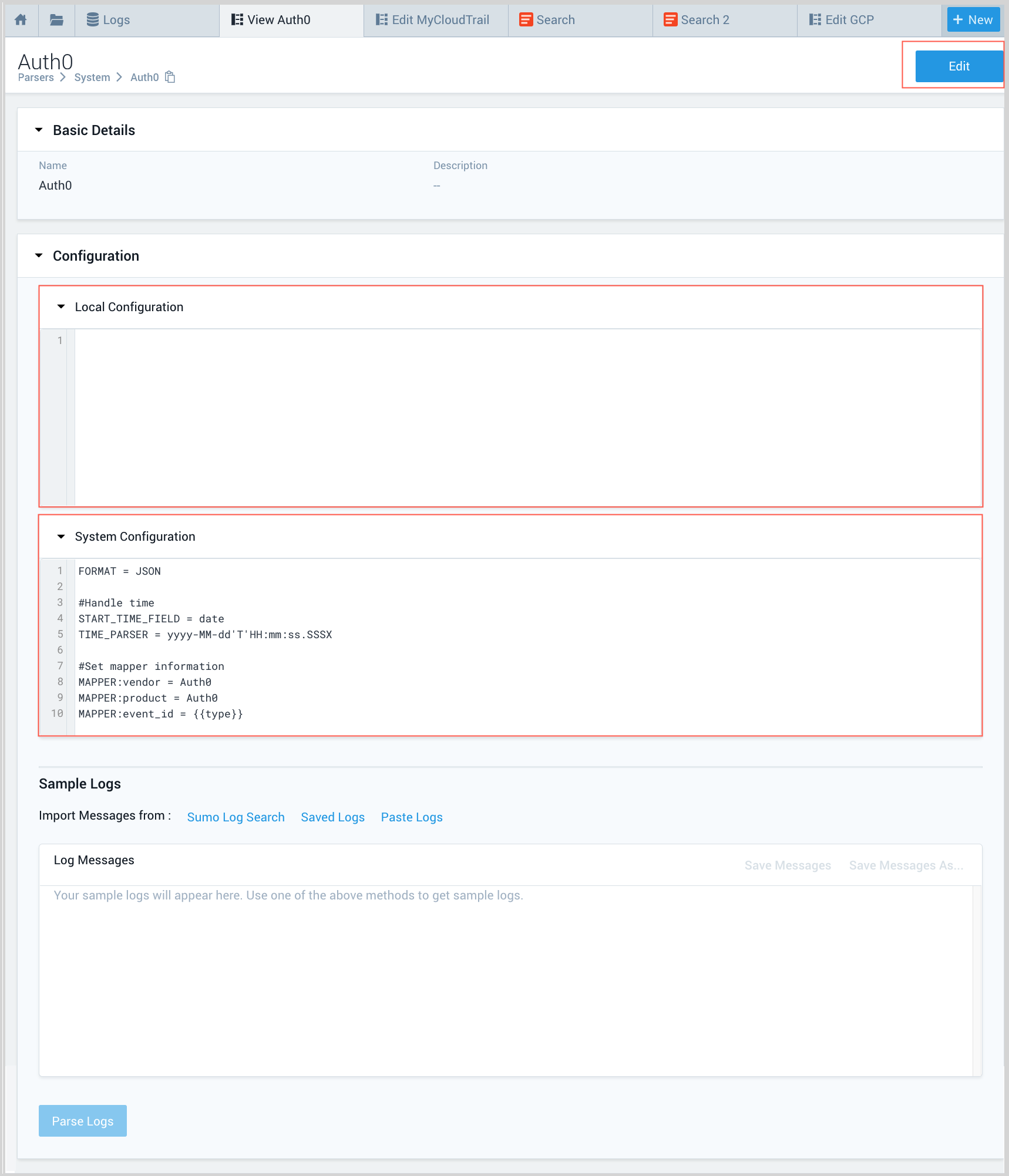 System parser edit button