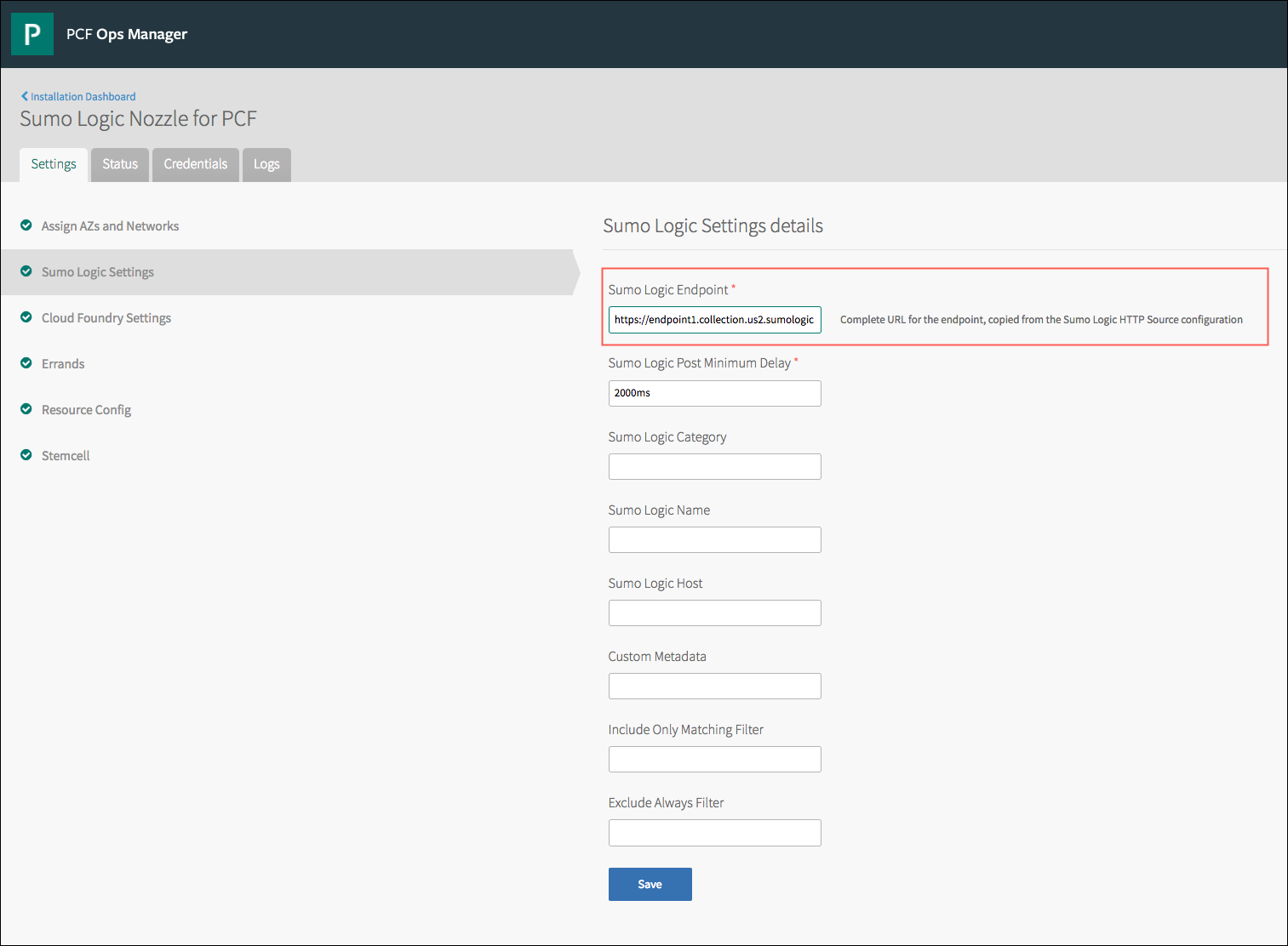 Sumo Logic settings