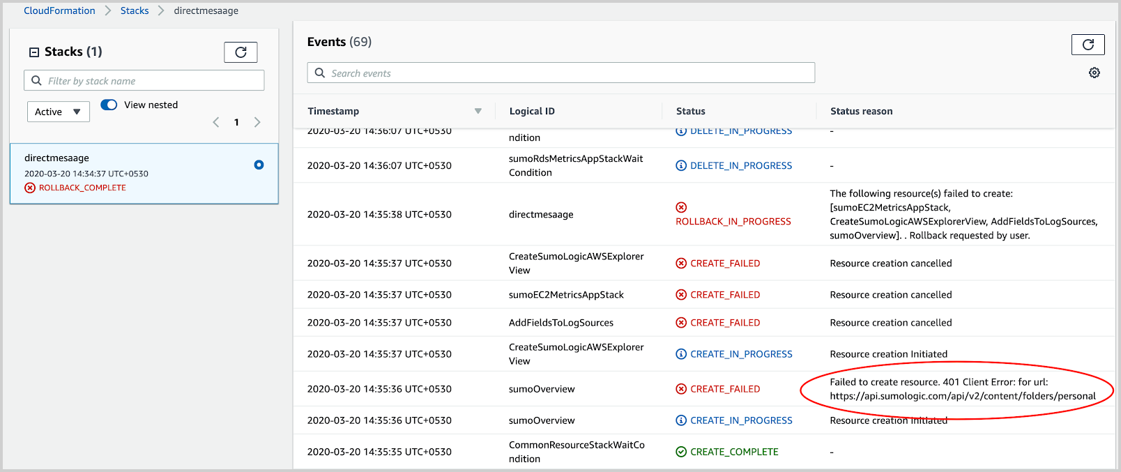 A screenshot of the stack with the words circled 'Failed to create resource. 401 client error.'