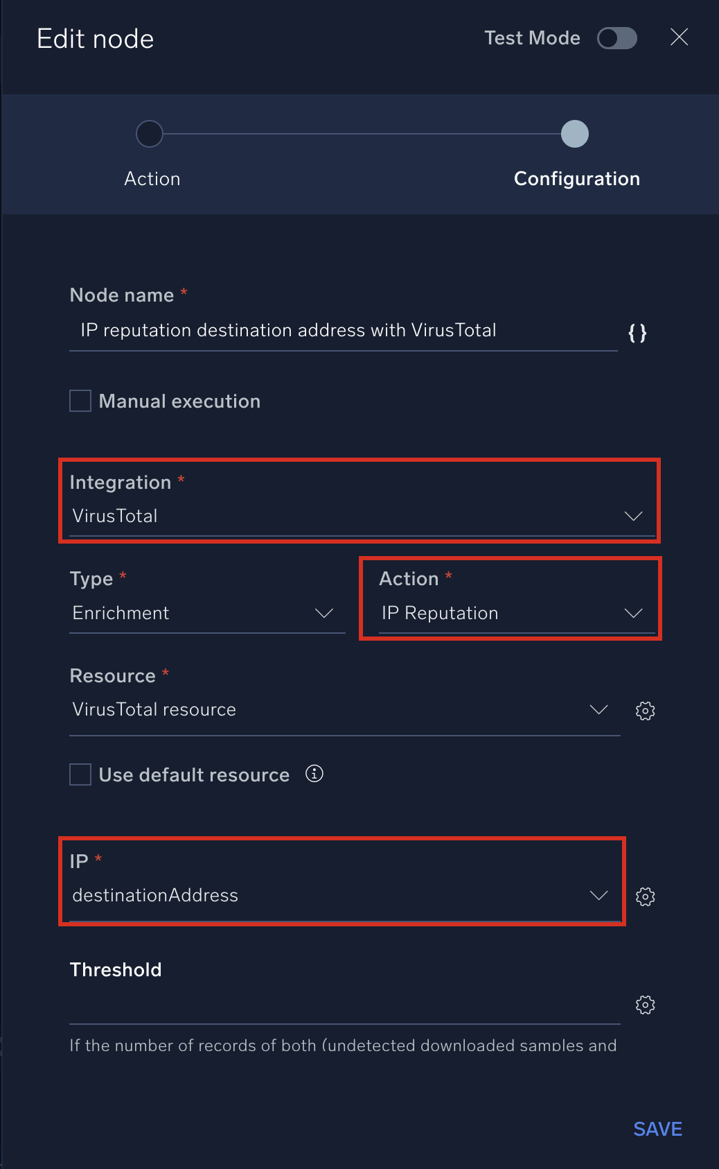 Example out-of-the-box playbook node with integration and action selected