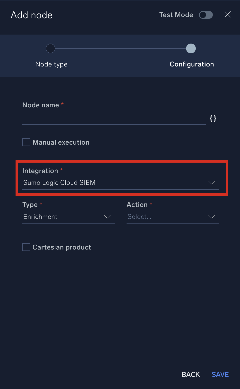 Sumo Logic Cloud SIEM integration selected in the Add Node dialog