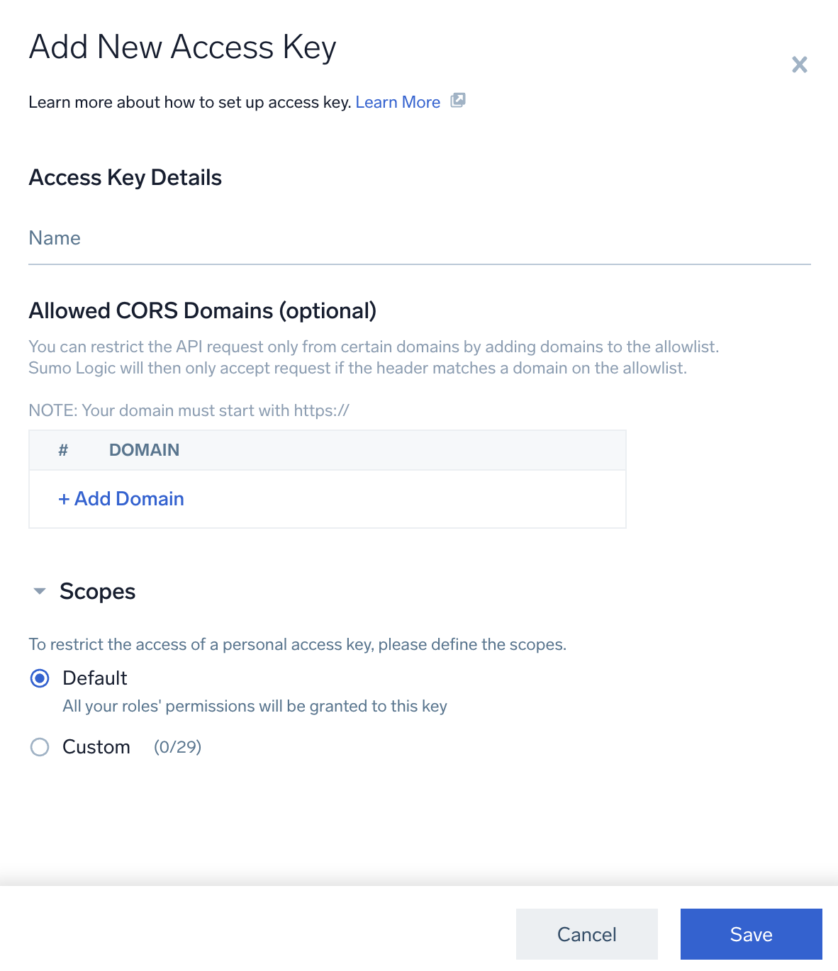 Add New Access Key screen