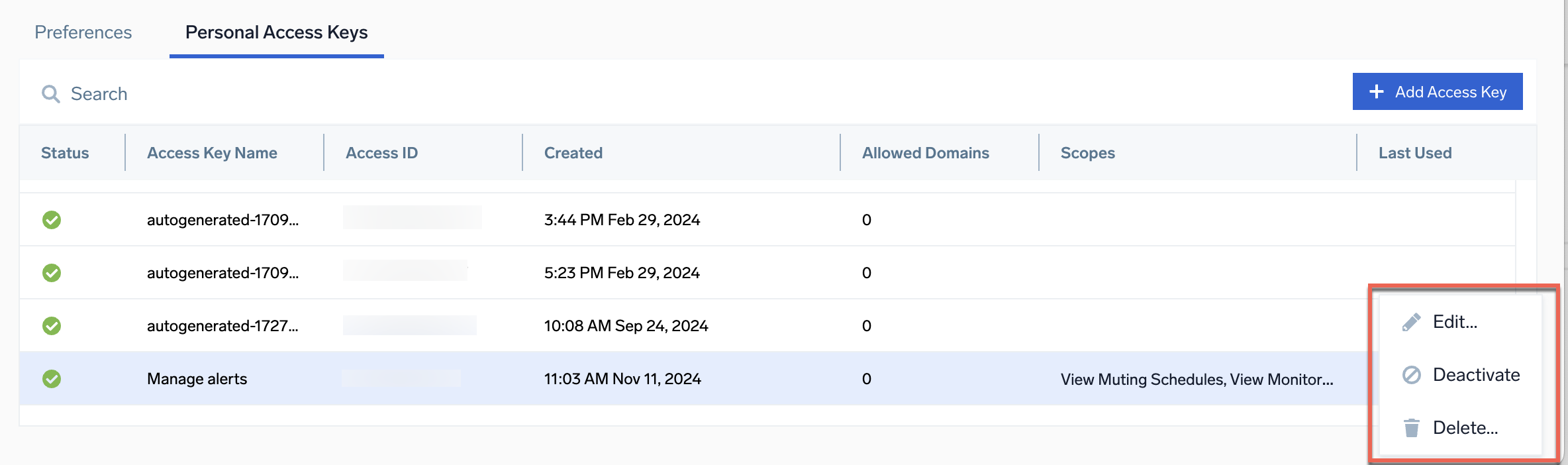 User profile in Sumo Logic displaying username, security settings, and a list of access keys with options to deactivate, edit, or delete them.