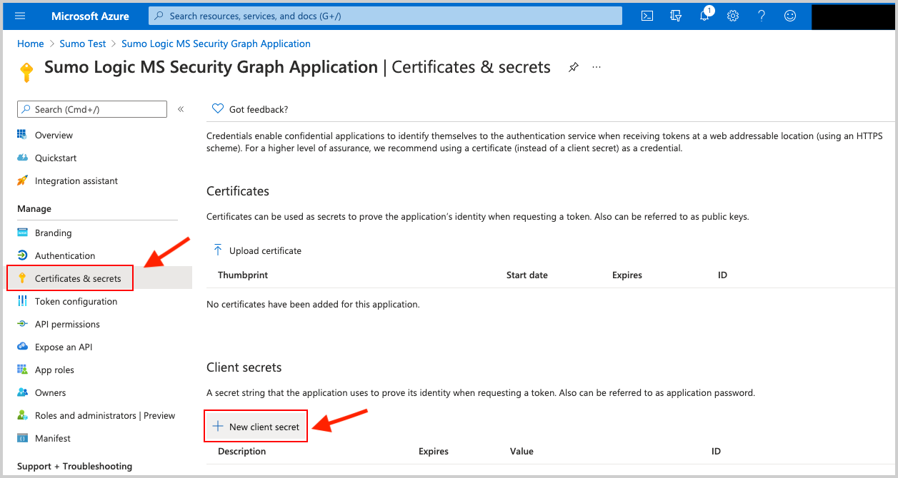 Certificates and Secrets