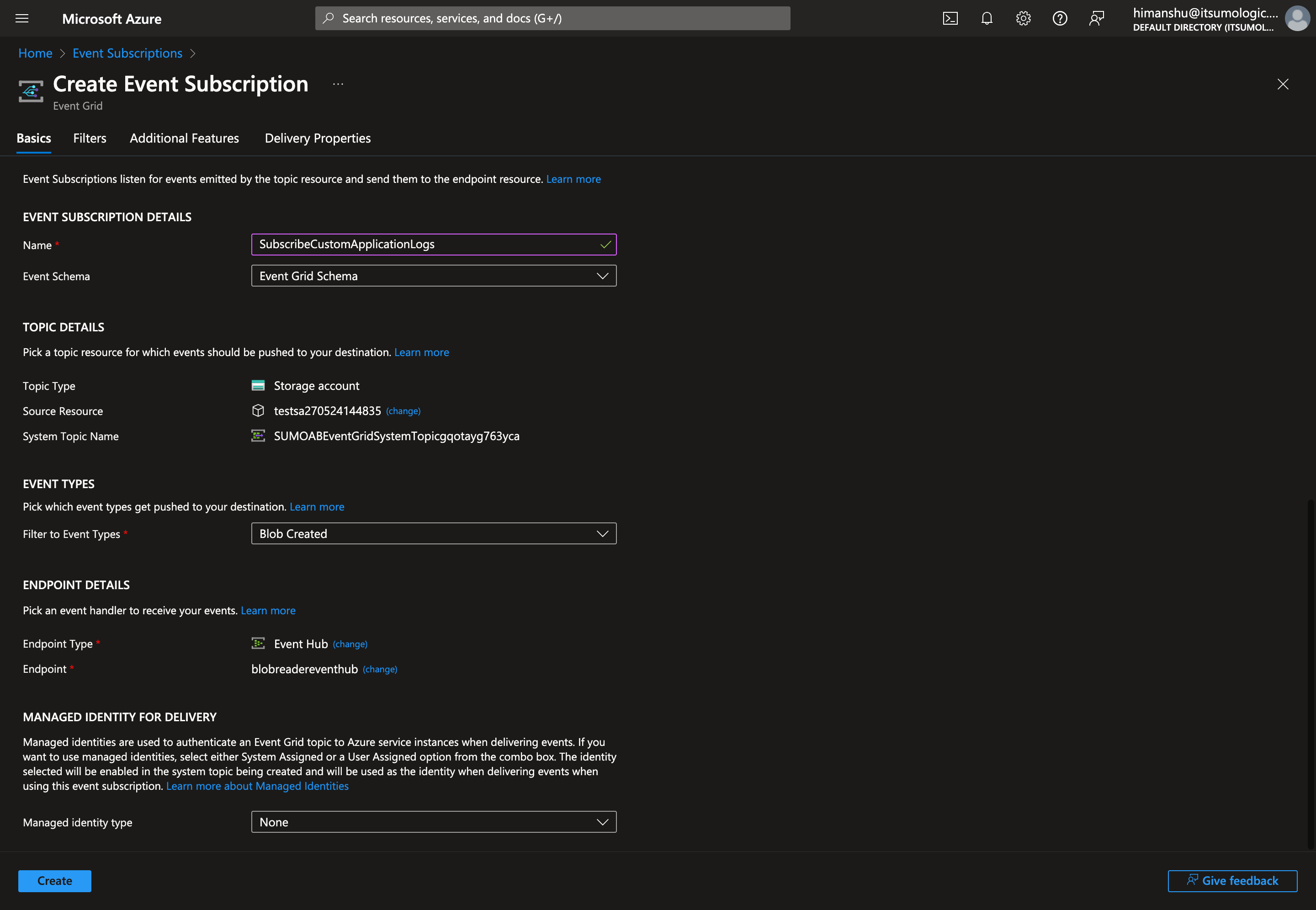 Azure Blob Create Event Subscription dialog