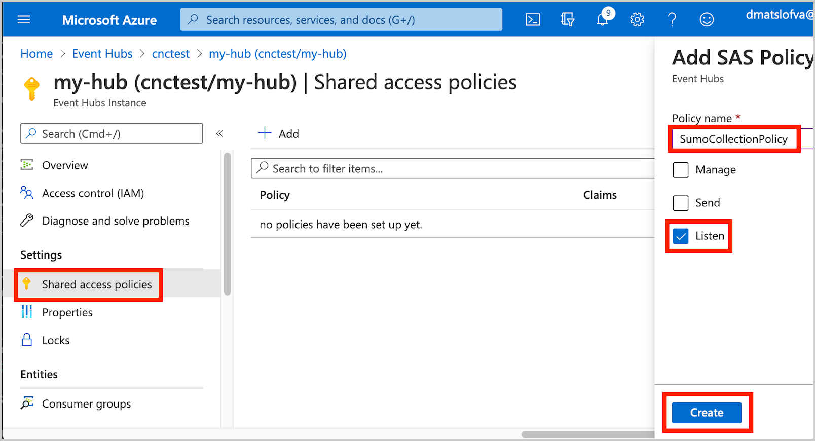 Add SAS Policy page for the 'my-hub' Event Hub with the policy name set to 'SumoCollectionPolicy' and the 'Listen' permission checked. The 'Create' button is highlighted.
