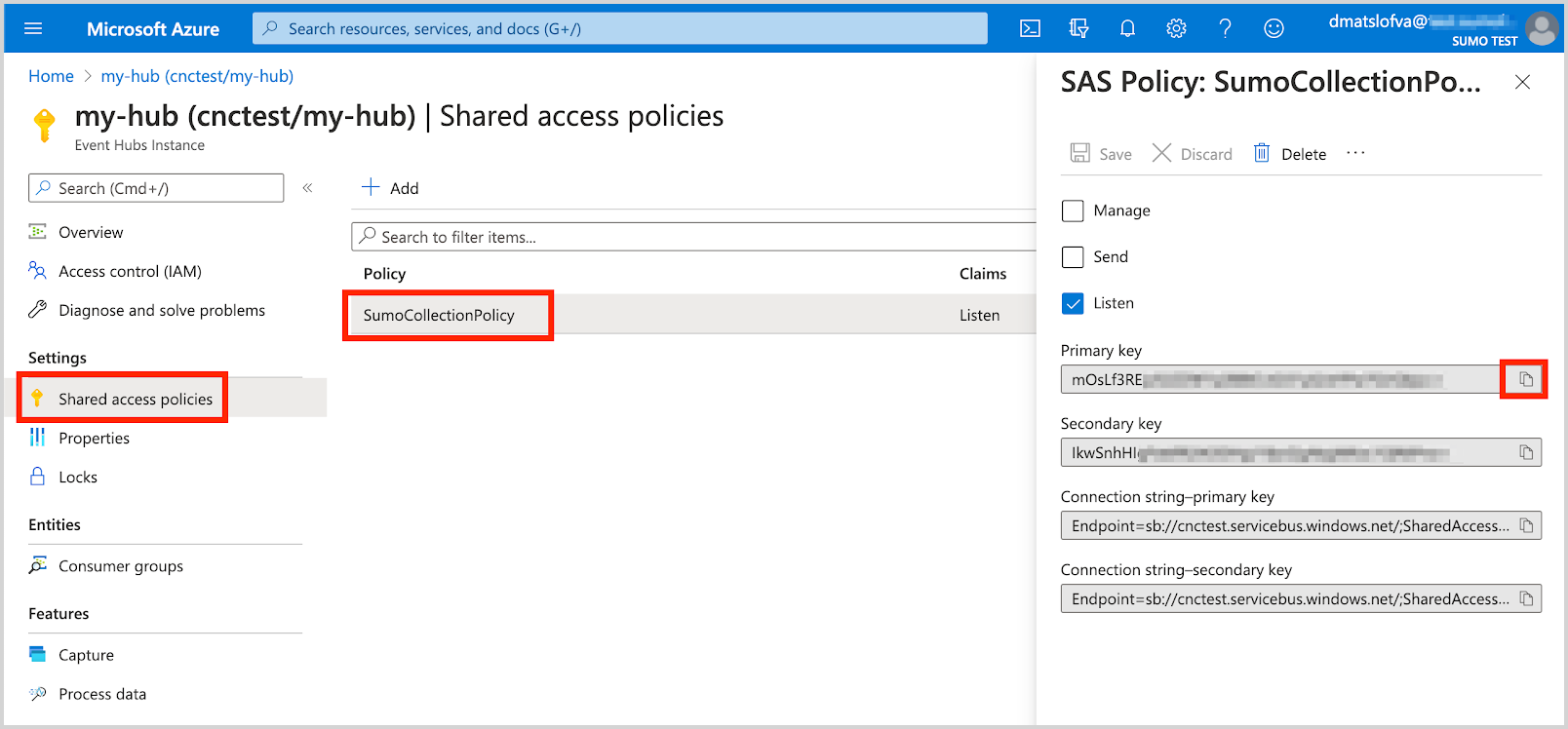 SAS Policy page for the 'my-hub' Event Hub showing the 'SumoCollectionPolicy' details, including primary and secondary keys, with the 'copy' icon highlighted.