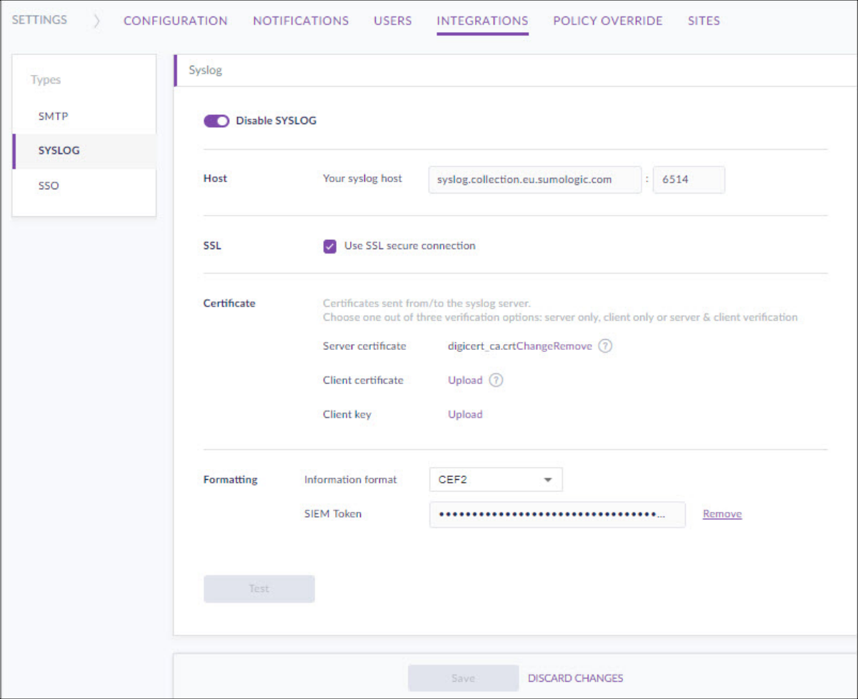 SentinelOne SYSLOG dialog