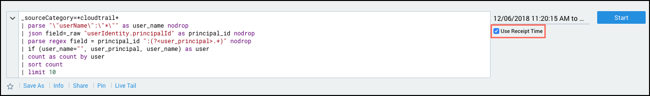 Use receipt time checkbox
