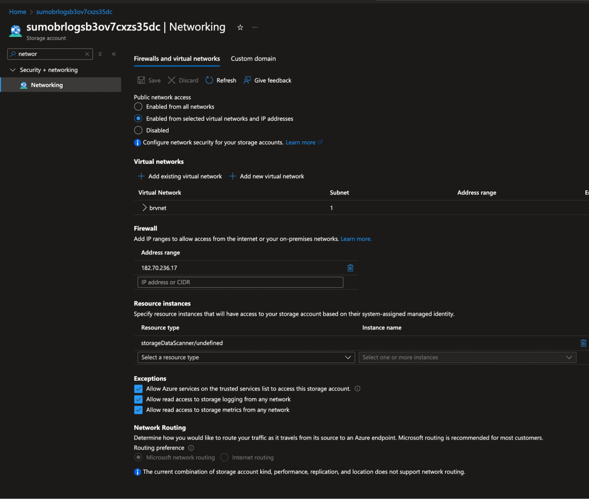 ARM template storage account networking configuration