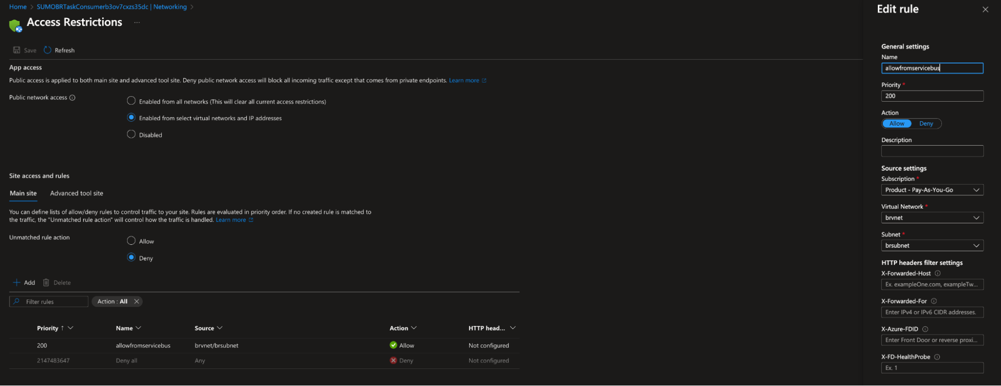 TaskConsumer VNet integration inbound configuration