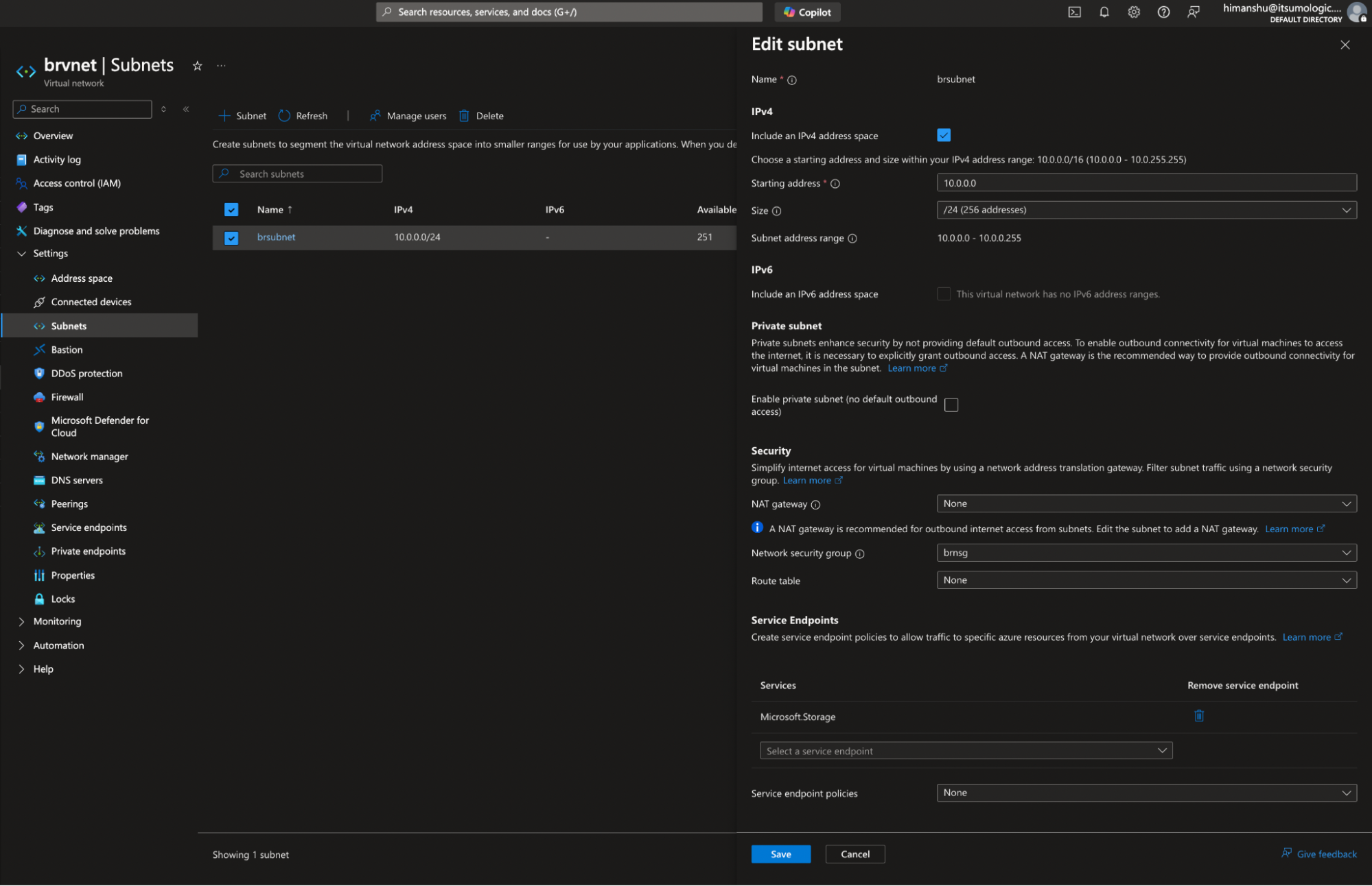 Virtual Network creation with storage service endpoint