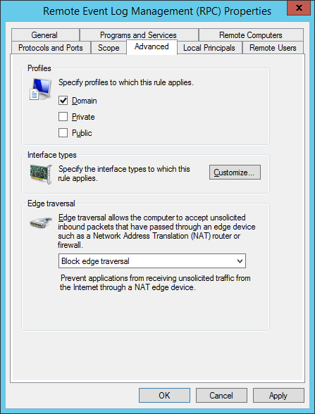 Remote Event Log Management properties advanced tab